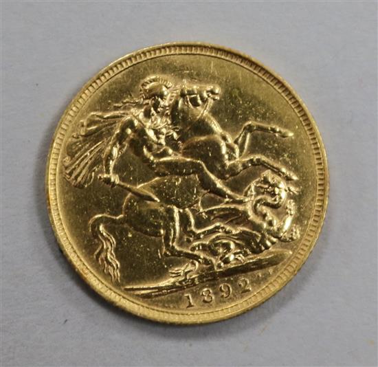 An 1892 gold full sovereign.
